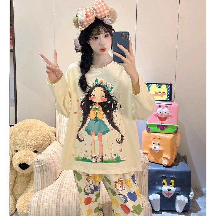 Al por mayor transfronterizo otoño nuevo pegamento de algodón de manga larga de cuello redondo pijama de mujer dibujos animados dulce ropa de estilo doméstico se puede usar
