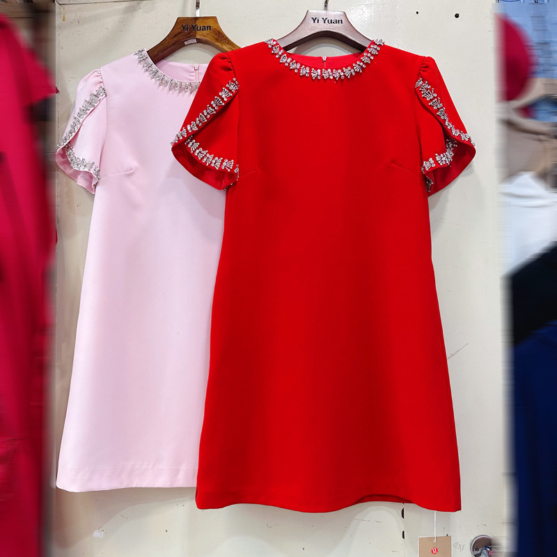 Thirteen Lines Australian Niche Dress New Round Neck Diamond Splicing Design Solid Color Short Dress A2 # 8370 Thirteen Lines Australian Niche Dress New Round Neck Diamond Splicing Design Solid Color Short Dress A2 # 8370