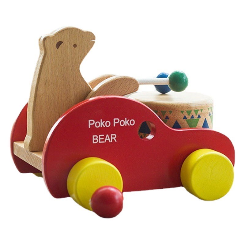 Factory direct wooden bear drum car Children's early education educational drag toddler toys wooden toys on behalf of hair