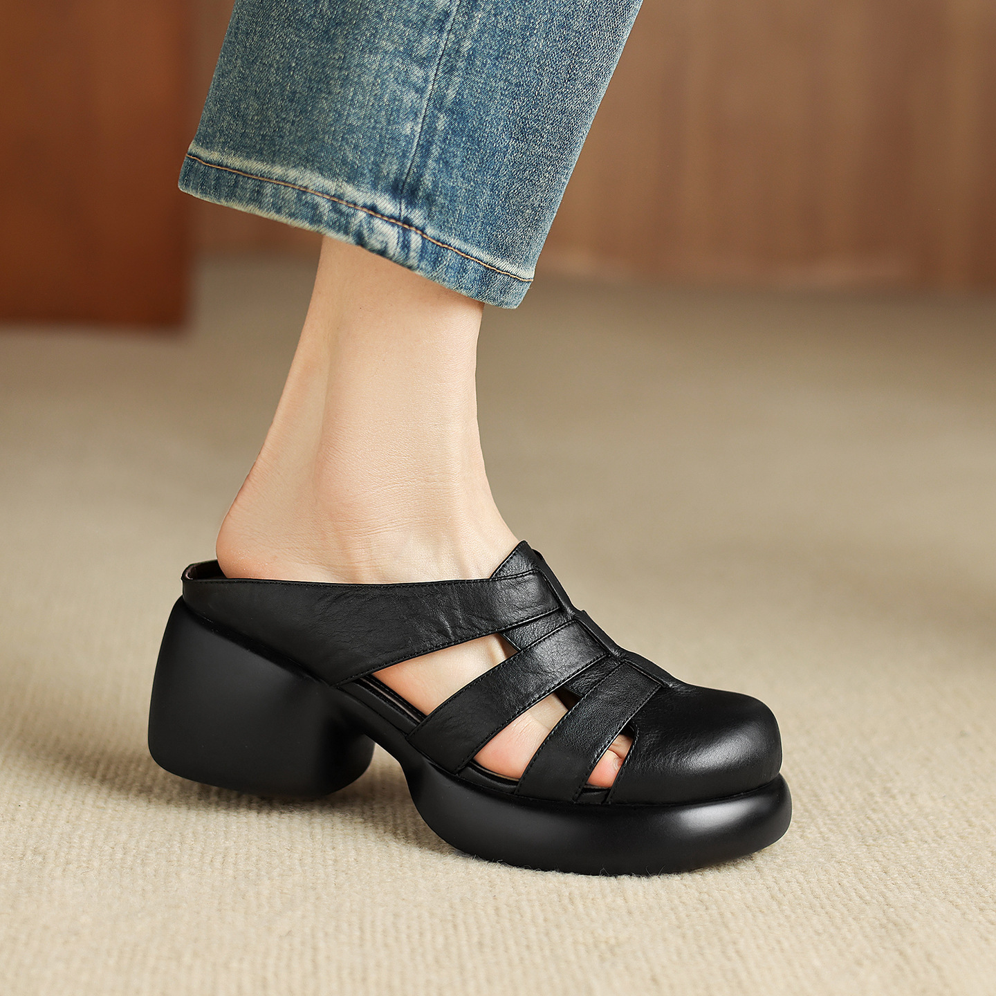 Sandal cao gót nữ mũi hở phong cách La Mã đế dày 6 cm — đen