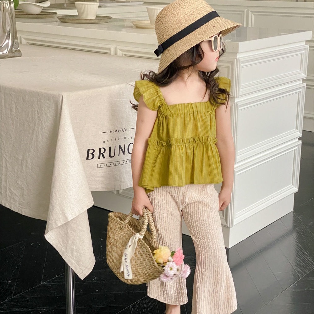 Girls' camisole suit 2024 Summer new flying sleeves elegant Cute Korean style two-piece set for girls suit