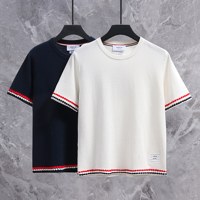 Factory Outlet TB Women's Handmade Embroidered Round Neck Turtleneck Short Sleeve Simple Casual All-match Knitted Top Trendy