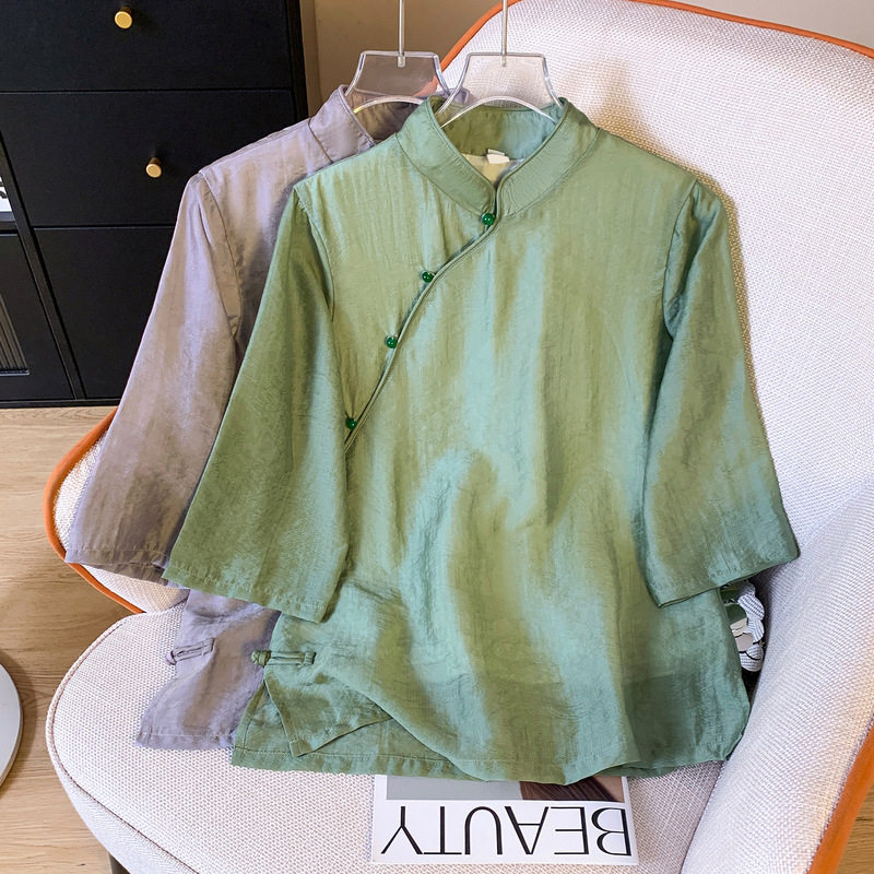 Chinese-style Vintage Oblique Frog Button Zen Tea Clothing Top Women's Spring Solid Color Daily Modified Cheongsam Cotton and Linen Shirt