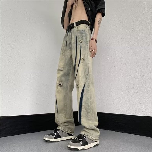 New factor Vibe yellow mud washed jeans men's distressed patch contrasting color trendy brand American high street ripped long pants