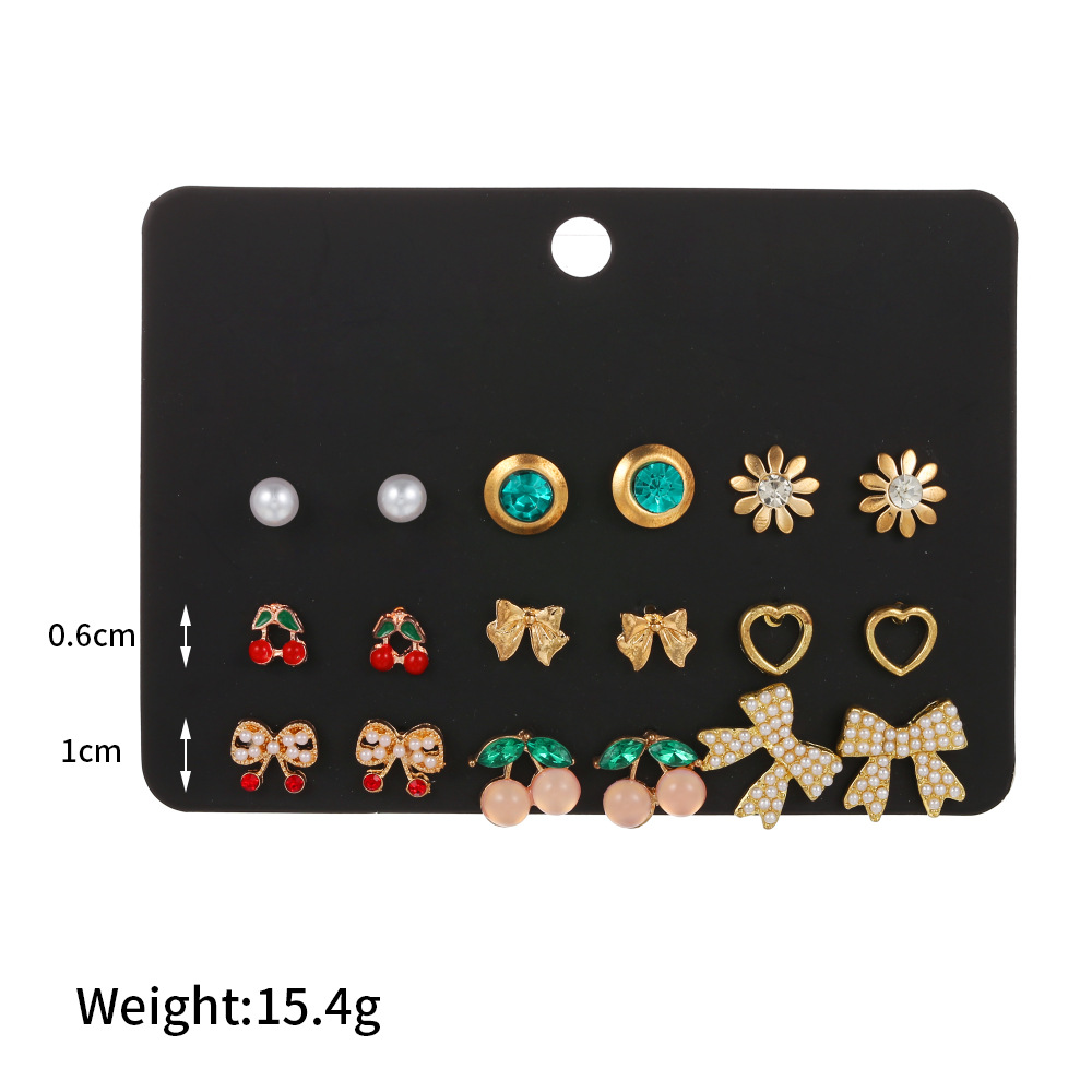 Factory Wholesale Alloy One Card Stud Earrings 9 Pairs Earring Set Geometric Electroplating Rhinestone Earrings Accessories Female Wholesale display picture 1