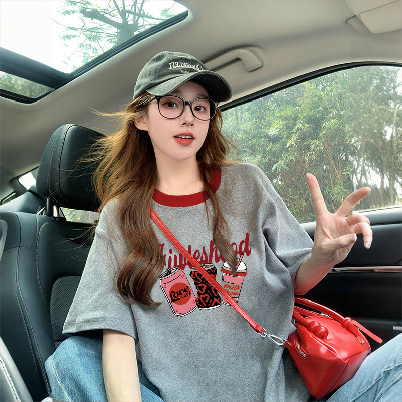 Pure Cotton Trendy Cool Fun Graffiti Mid-length T-shirt Women's High-end Contrast Color Stitching Large Version Loose Butt-covering Top