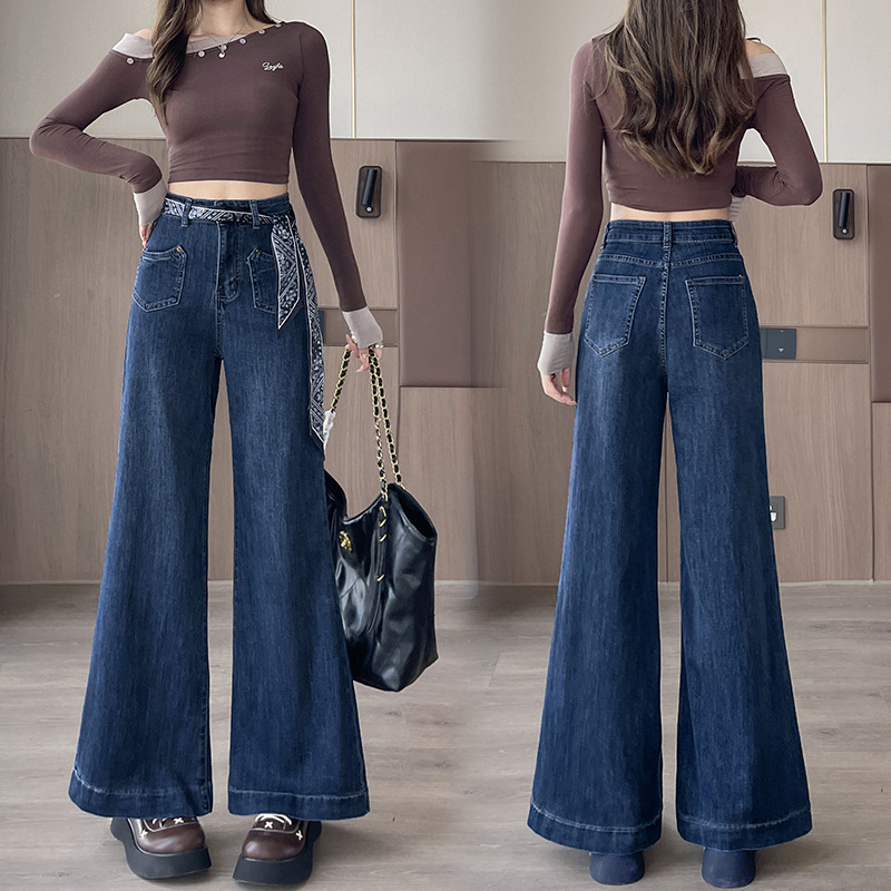 2026 Autumn Small Size Elastic Jeans for Women, Wide Leg Flared Pants, Loose Fit, Comfortable 150