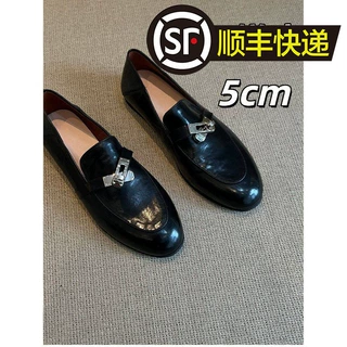 牛皮版内增高5cm复古金属锁扣乐福鞋女真皮圆头单鞋一脚蹬小皮鞋
