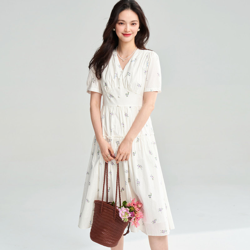 Tea Break French Floral Dress White Pure Cotton Printed V-Neck Waist-Cinching Elegant Age-Reducing Short-Sleeved Dress 25039
