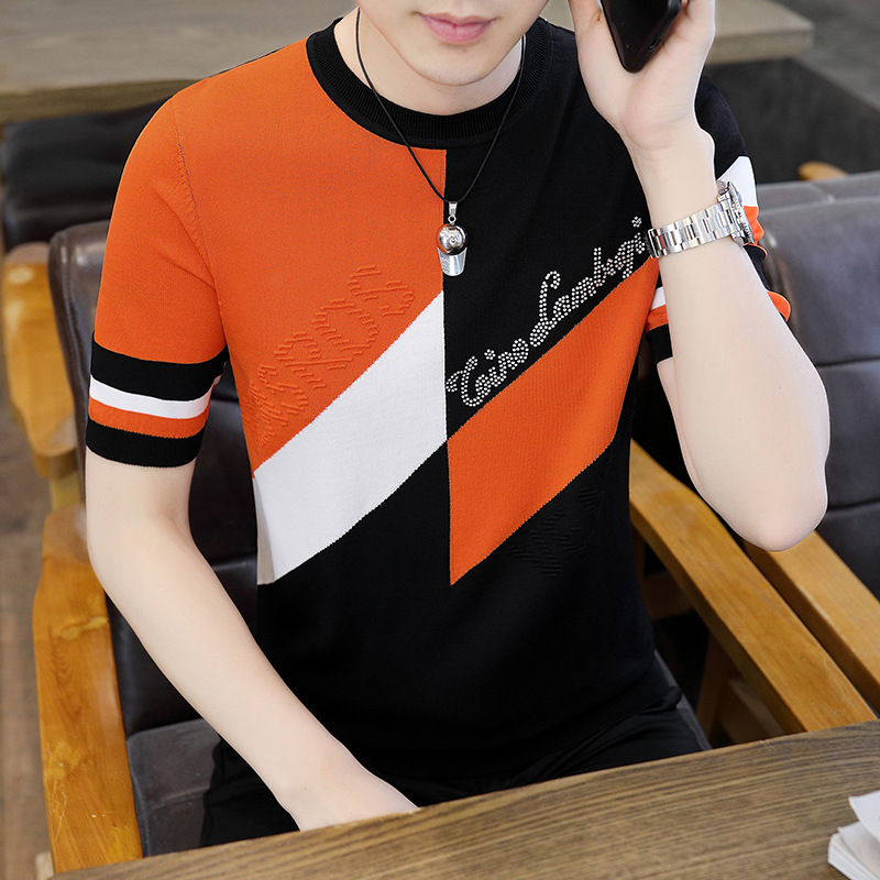 Verano 2023 hombres de moda europea marca de seda de hielo cuello redondo moda delgada contraste color rhinestone manga corta Camiseta top