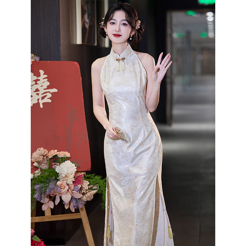 New Chinese White Cheongsam Women's 2025 Spring Elegant New Bridal Toast Dress Engagement Dress