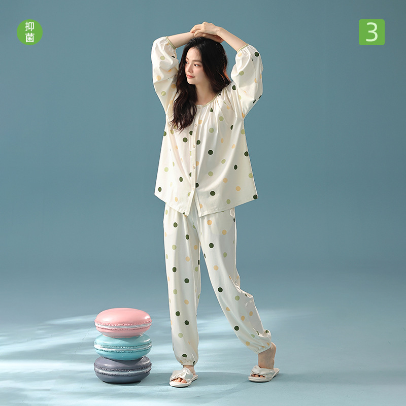 【Antibacterial Xinjiang Cotton】Autumn Long-Sleeve Pure Cotton Class a Pajamas Women's Colorful Polka Dot Homewear Set
