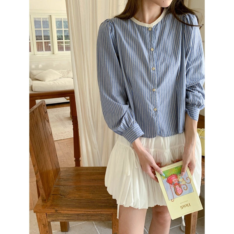 3th Morning Autumn New Style Petite Lace Trim Round Neck Elegant Striped Shirt ZY4363