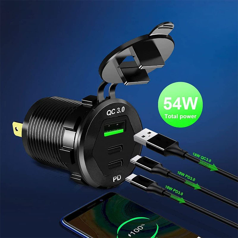 Металлическое QC3.0+ двойная PD быстрая зарядка зарядное устройство для мобильного телефона, автомобиль, мотоцикл и судно модификация, трёхпортовая быстрая зарядка розетка