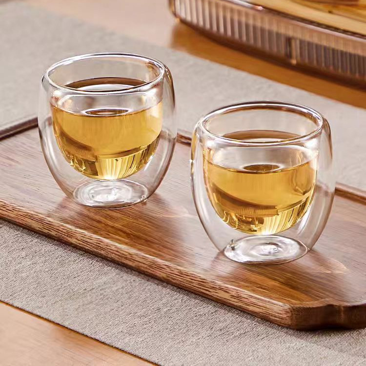 Taza de té de vidrio de doble capa resistente al calor de alta borosilicona Taza de té de kung fu resistente a quemaduras Taza de té de vidrio de doble capa transparente