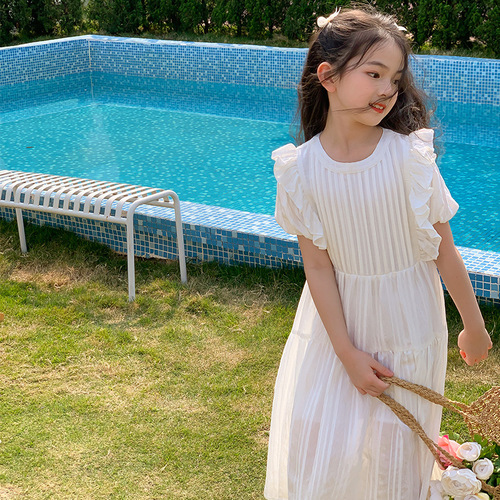 Girls' white dress  spring and summer new style medium and large children's parent-child wear temperament little fairy mid-length cake skirt