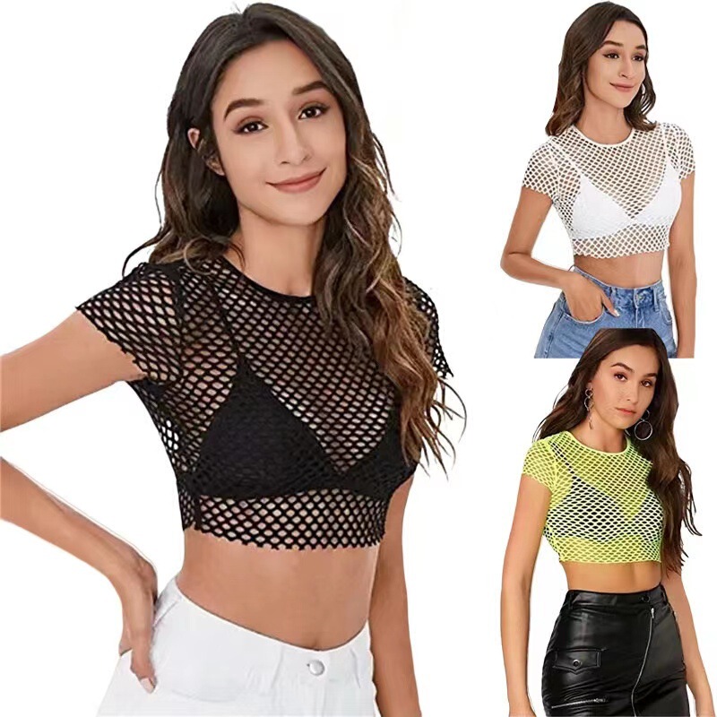Amazon Cross-border Hot Selling Sexy Fishing Net Sports T-shirt Perspective Mesh Navel Exposure Short Top Shirt