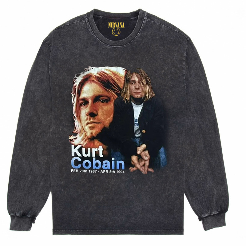 Nirvana Vintage American retro apenado rock punk angustiado lavado batik Camiseta de manga larga