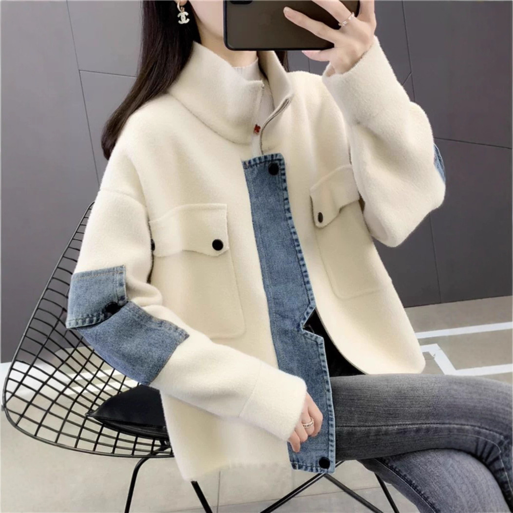 毛呢外套女2025新款春季洋气短款宽松韩版拼接牛仔立领羊绒大衣潮