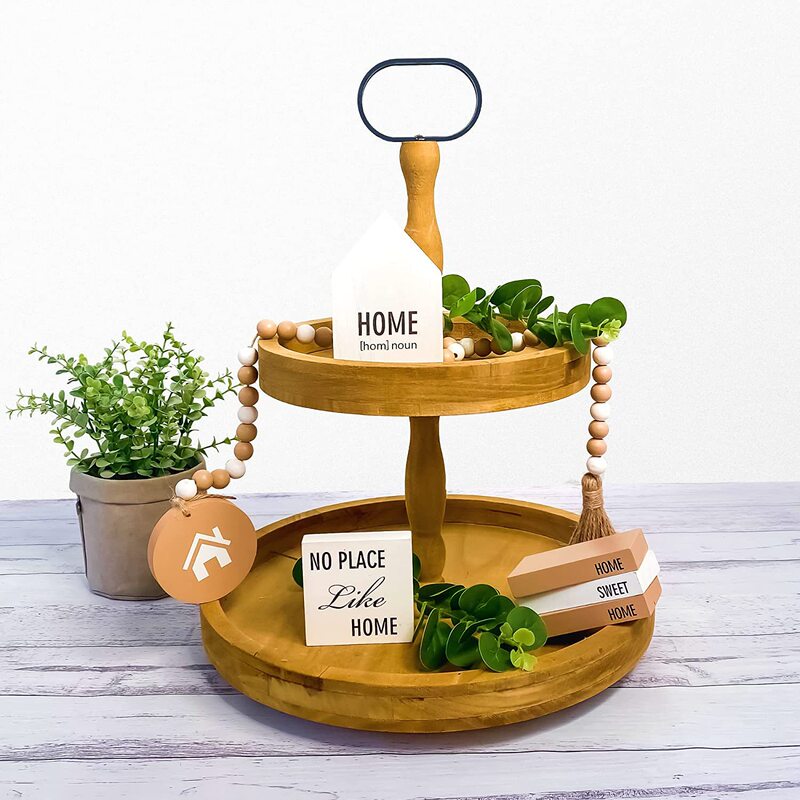 Wooden double-layer tray farmhouse decoration with 3 wooden cute signs wooden rustic modern decorative tray Wooden double-layer tray farmhouse decoration with 3 wooden cute signs wooden rustic modern decorative tray