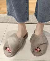 Zapatillas de felpa de invierno de las mujeres casa interior felpa piso plano zapatillas punta abierta Cruz flip flops Zapatillas de algodón caliente