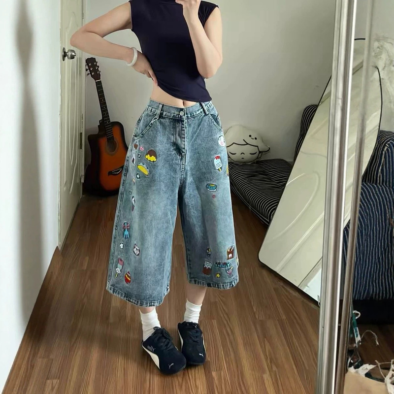 American Retro Embroidered 7/8 Length Jeans for Women, Summer Loose Straight-Leg Cropped Jeans, Wide-Leg Slimming 7/8 Pants American Retro Embroidered 7/8 Length Jeans for Women, Summer Loose Straight-Leg Cropped Jeans, Wide-Leg Slimming 7/8 Pants