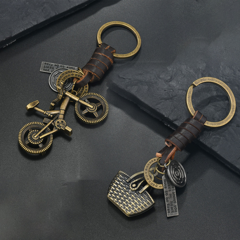 Genuine Leather Keychain Flower Basket Handbag Pendant Metal Vegetable Basket Bicycle Keychain Keychains