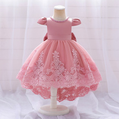 Cross-border new princess dress for girls, white small sleeve tail train dress for children, children's formal dress for birthday, first birthday dress