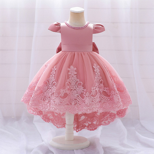 Cross-border new princess dress for girls, white small sleeve tail train dress for children, children's formal dress for birthday, first birthday dress