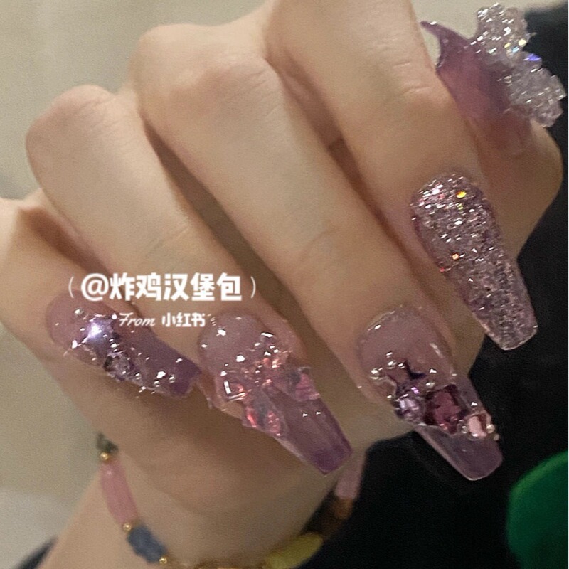 2022 New Douyin Influencer Picks Pure Handmade Wearable Nails Wholesale Purple Star Butterfly A040 Manicure