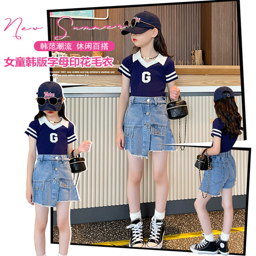 Girls summer suit  new children's suit summer letter POLO short-sleeved t-denim skirt pants two-piece set