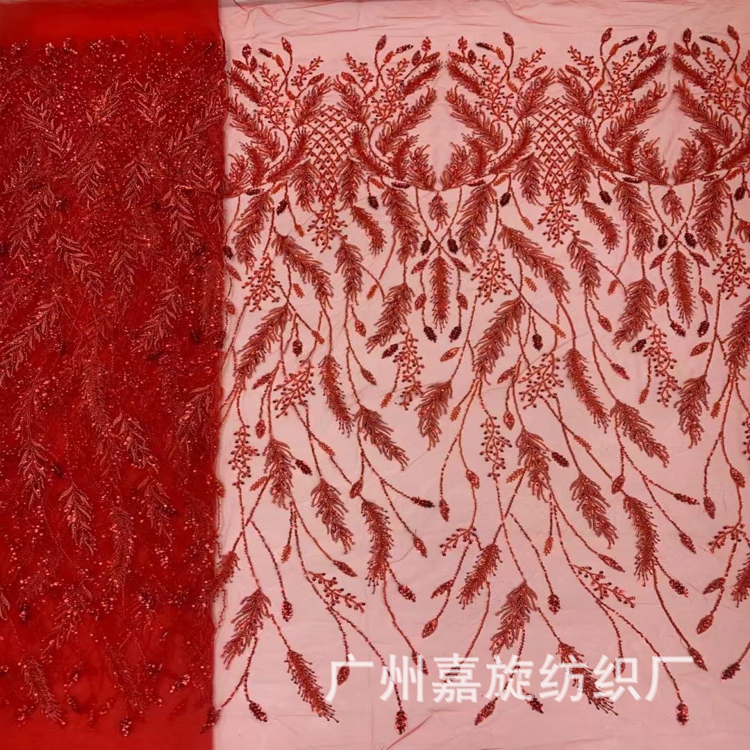 Rojo estilo chino boda dama de honor vestido encaje tela Africana con cuentas bordado vestido cheongsam bordado tela JX3990