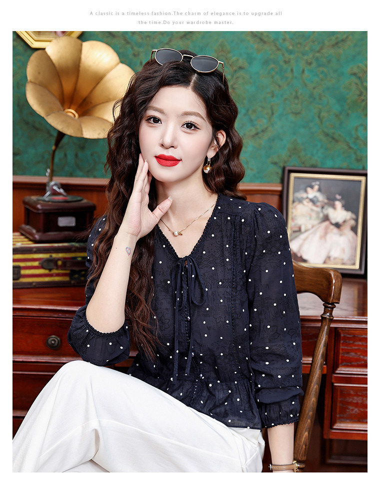 Áo sơ mi nữ tay dài cổ nơ bướm họa tiết chấm bi phong cách vintage — Xanh lông mòng đen chi tiết 12