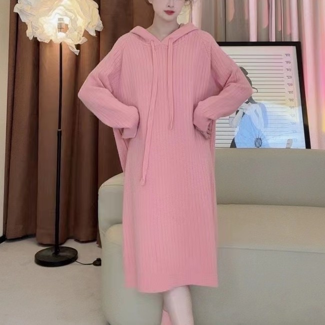 慵懒风连帽针织毛衣裙女秋冬新款韩版中长款过膝宽松加厚连衣裙子|undefined