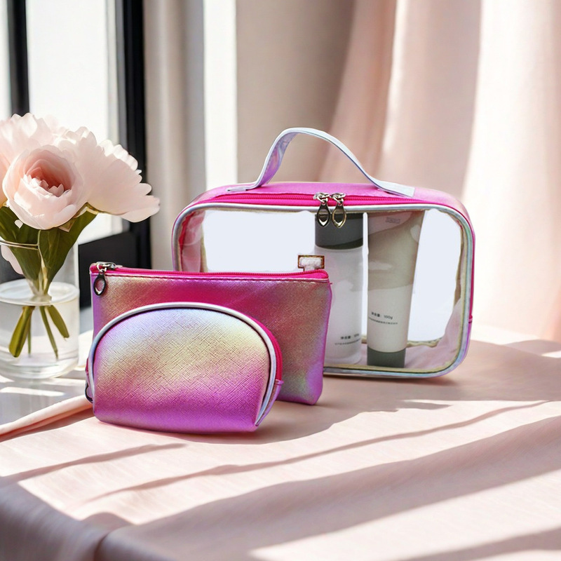 Pvc Transparent Three-Piece Cosmetic Bag Women's Portable Large-Capacity Mother-Child Toiletry Bag Cosmetics Shell Cosmetics Bag