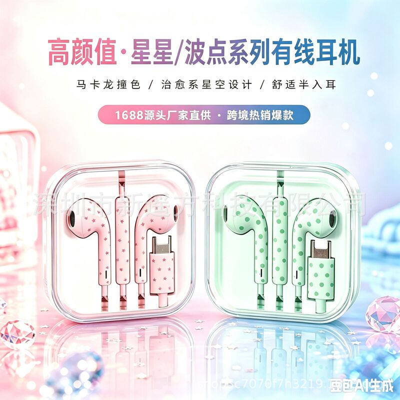 Customized Water Transfer Printing Polka Dot Star Pattern Wired Earphones with Microphone Type-C for Mobile Phones Wholesale Customized Water Transfer Printing Polka Dot Star Pattern Wired Earphones with Microphone Type-C for Mobile Phones Wholesale