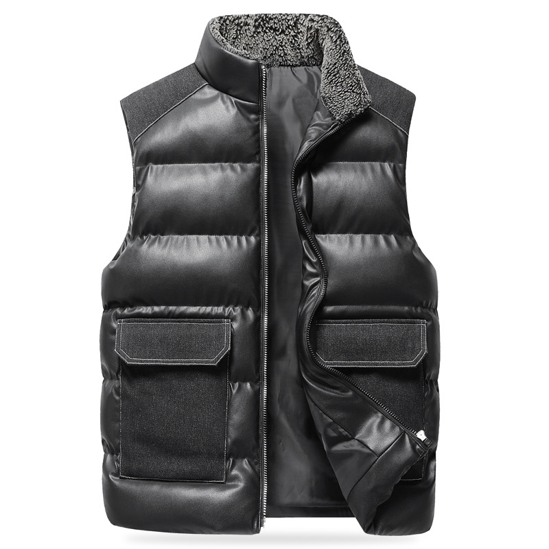 Hombres al por mayor retro collar chaleco caliente de invierno de mediana edad holgado grueso hombro chaleco de cuero de bolsillo grande