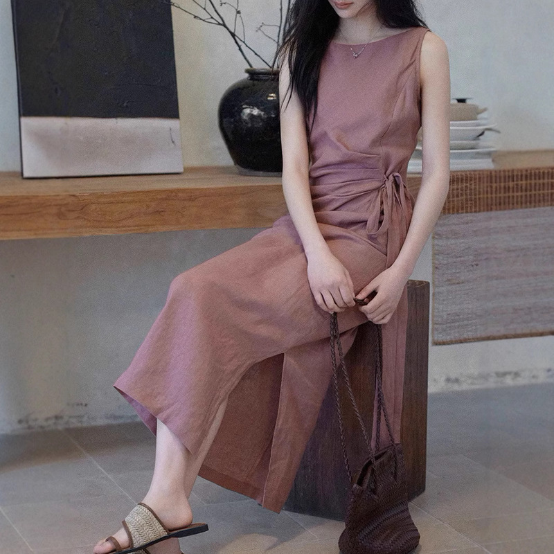 [Le Wei] 100 Linen Crewneck Sleeveless dress Women's Summer Lace-up Waist Commuter Joker Dress for Children