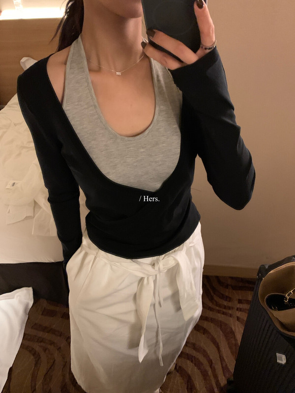 Hers一勺甜2025秋季简约复古假两件设计感撞色绑带长袖T恤女92171|undefined