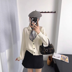 秋季新款韩版丝巾翻领针织衫女百搭宽松显瘦polo领毛衣外套