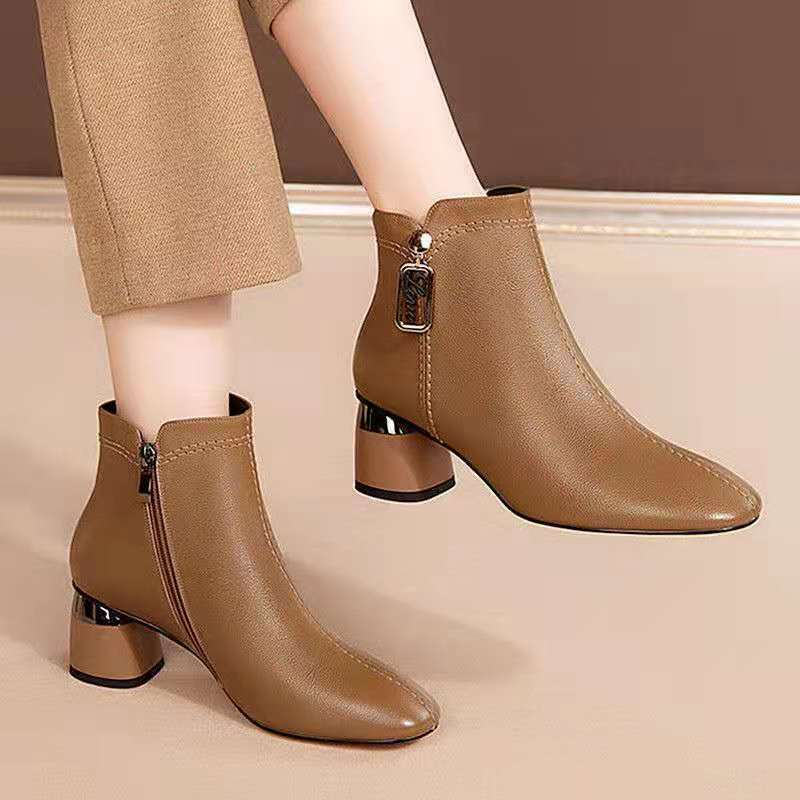 Qiao Li Lan Boots Soft Leather Short Boots for Women Autumn and Winter New Versatile Side Zipper Square Toe Thick Heel British Style Boots for Women