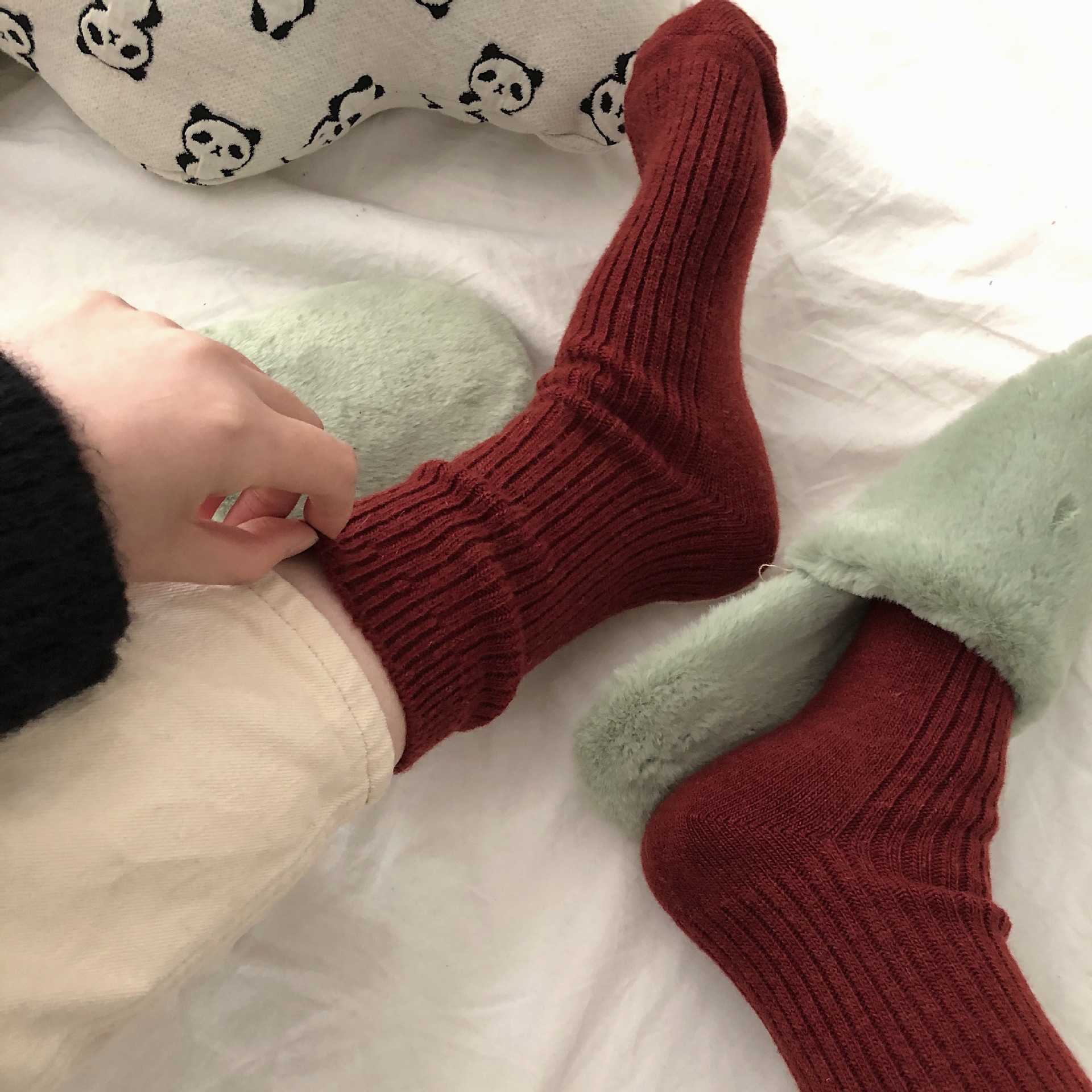 NAYEAN23 Otoño e Invierno lana elástica suave glutinoso vertical rayas doble aguja calcetines de media pantorrilla calcetines de mujer de lana engrosados