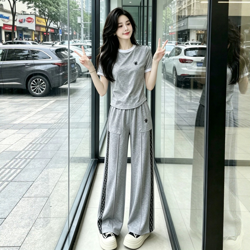 Summer New Style Patchwork Ribbon Lazy Style Embroidered Suit for Women, Casual Style, Simple and Slimming, Korean Style Sports Suit for Summer Summer New Style Patchwork Ribbon Lazy Style Embroidered Suit for Women, Casual Style, Simple and Slimming, Korean Style Sports Suit for Summer