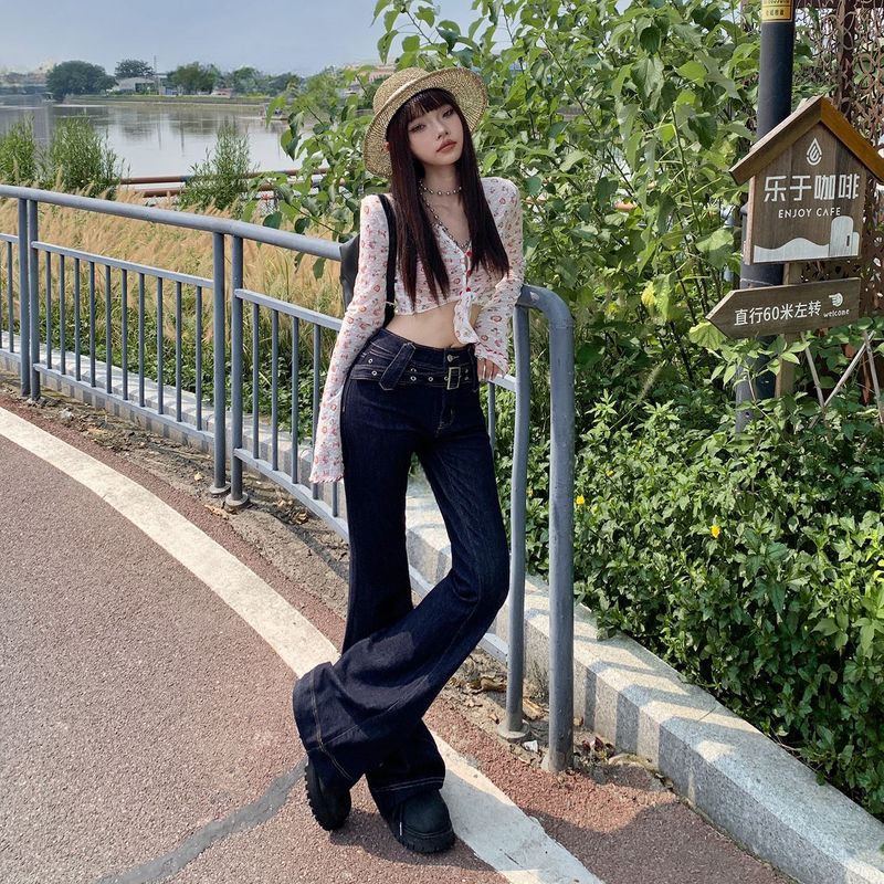 【今茵】时尚高腰辣妹风喇叭裤修身显瘦弹力腰带明线设计牛仔裤女|undefined