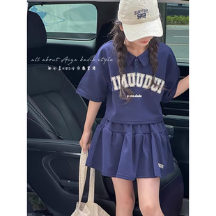 New Trendy Girls' Stylish Suit Dress Summer 2025 New Fashionable Children's Summer Polo Collar Short Sleeve Two-Piece