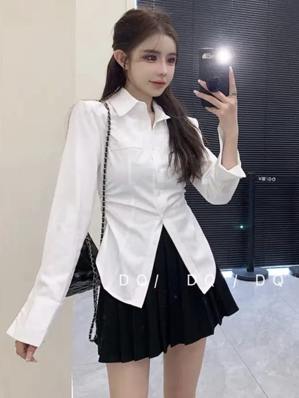 设计感收腰皱褶长袖衬衫女早春新款时尚洋气高腰百褶半身裙两件套|undefined