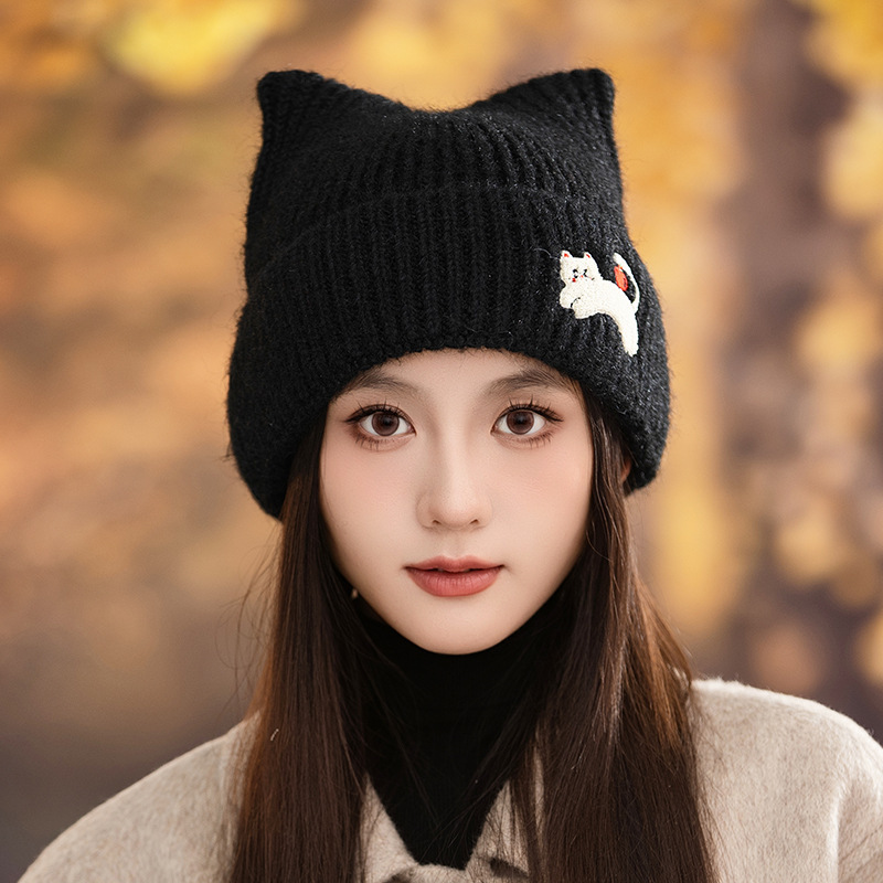 韩版秋冬季帽子女款毛线针织帽显脸小包头帽百搭可爱猫耳保暖冷帽|undefined