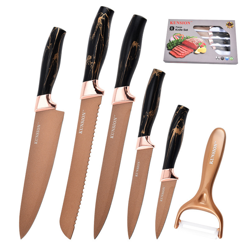 Cuchillo de frutas de venta caliente, cuchillo de cocina para el hogar, juego de cuchillos de frutas cortados de acero inoxidable, juego de cuchillos de cocina, juego de seis piezas
