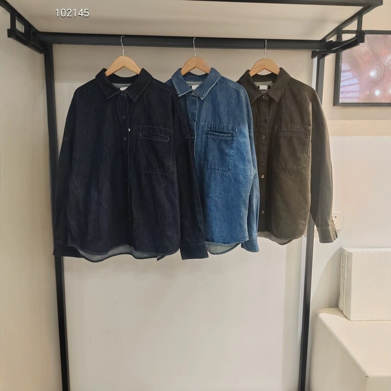 Casual denim loose-fit shirt jacket/long-sleeve washed denim women's clothing collaboration shirt jacket 492123