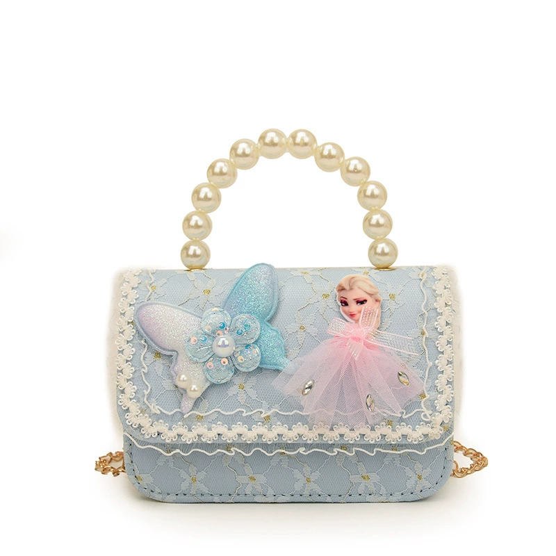 Children's cartoon one-shoulder bag for princess, handheld beaded bracelet with bow, shoulder bag, Chanel style, gradient